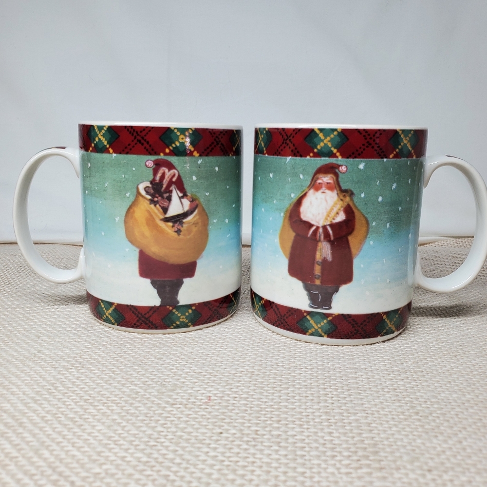 Block By Gear Father Christmas Santa Coffee Plaid Cup Mug 1995 Set Of 2